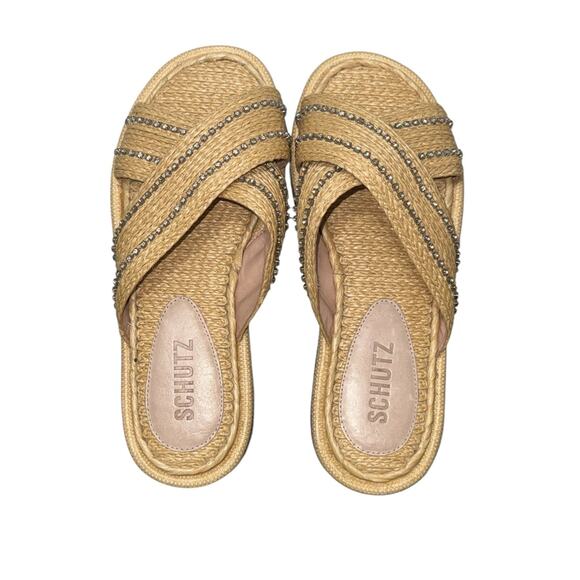 New! Schutz Carlotta Embroidered Straw Rhinestone Sandal Slides - Size 5 - Picture 6 of 12